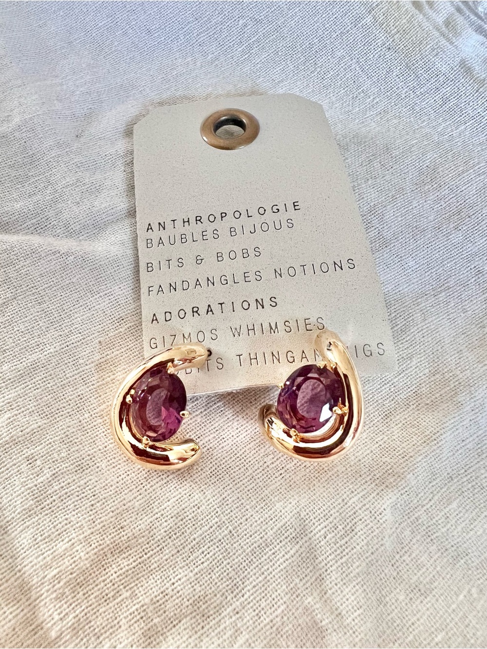 14K Gold-Plates Hoop Earrings with Clear Pink Stone NWT